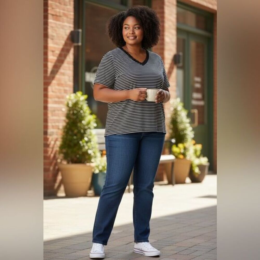 NWT Catherines Supreme Plus Size Black White Striped V Neck Blouse - Size 18/20W